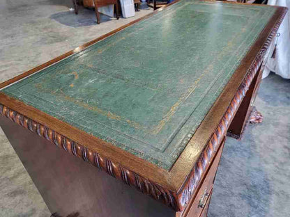 Antique Victorian knee hole writing desk claw feet leather top cupboard