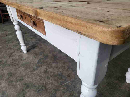20thC pine  kitchen dining table white legs drawer seat 6