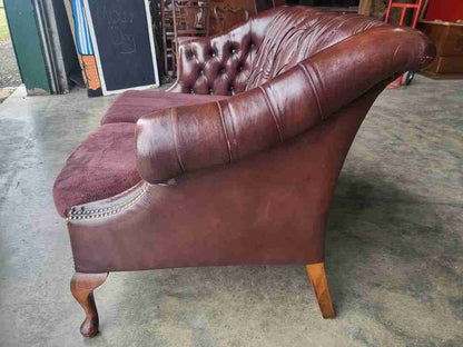 Antique repro button back leather 2 seat high back sofa cabriole legs