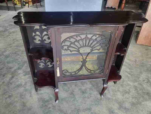 Antique serpentine glazed chiffonier sideboard cabinet velvet shelves
