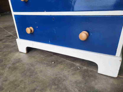 Vintage 20thC small low painted chest of drawers white blue 3 drawers
