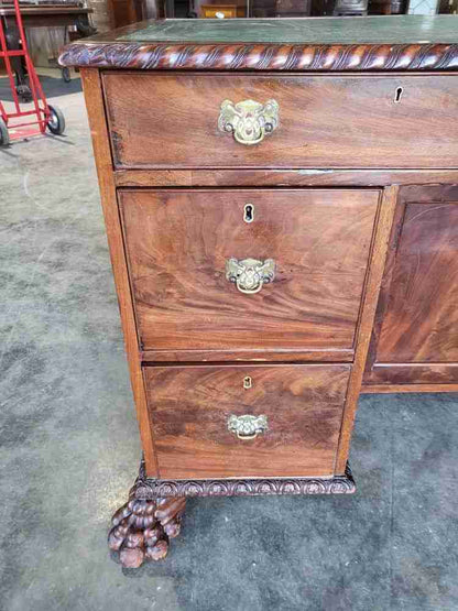 Antique Victorian knee hole writing desk claw feet leather top cupboard