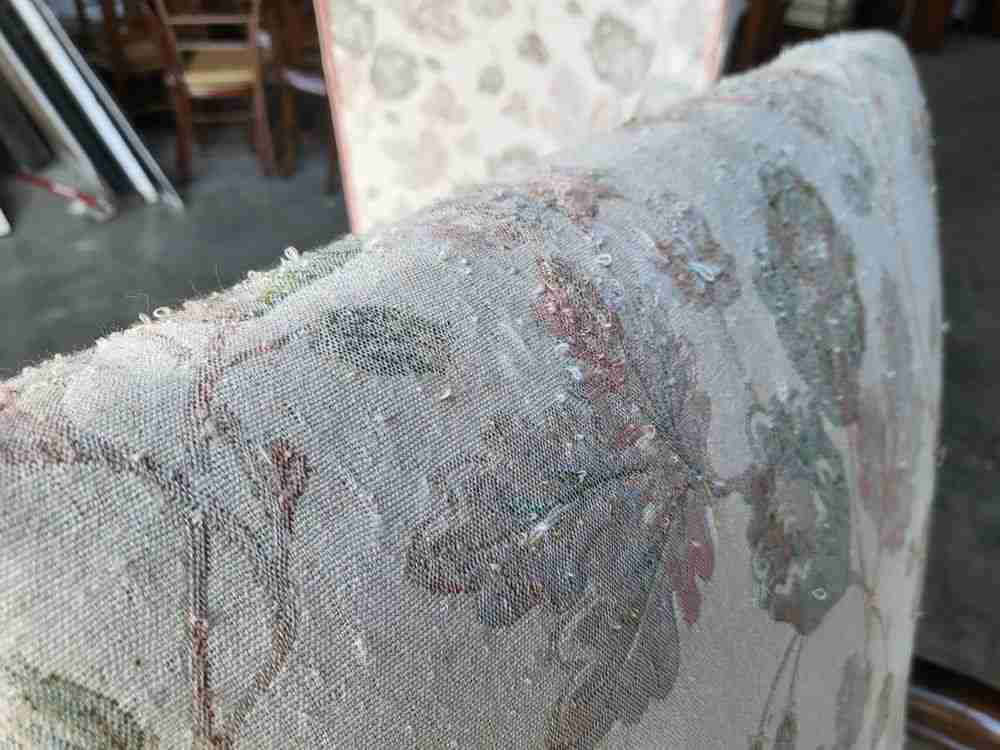 Pair two antique large upholstered open armchairs scrolled arms sprung