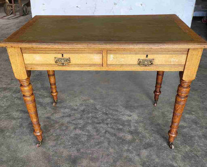 Antique Edwardian 2 drawer writing table desk turned legs castors