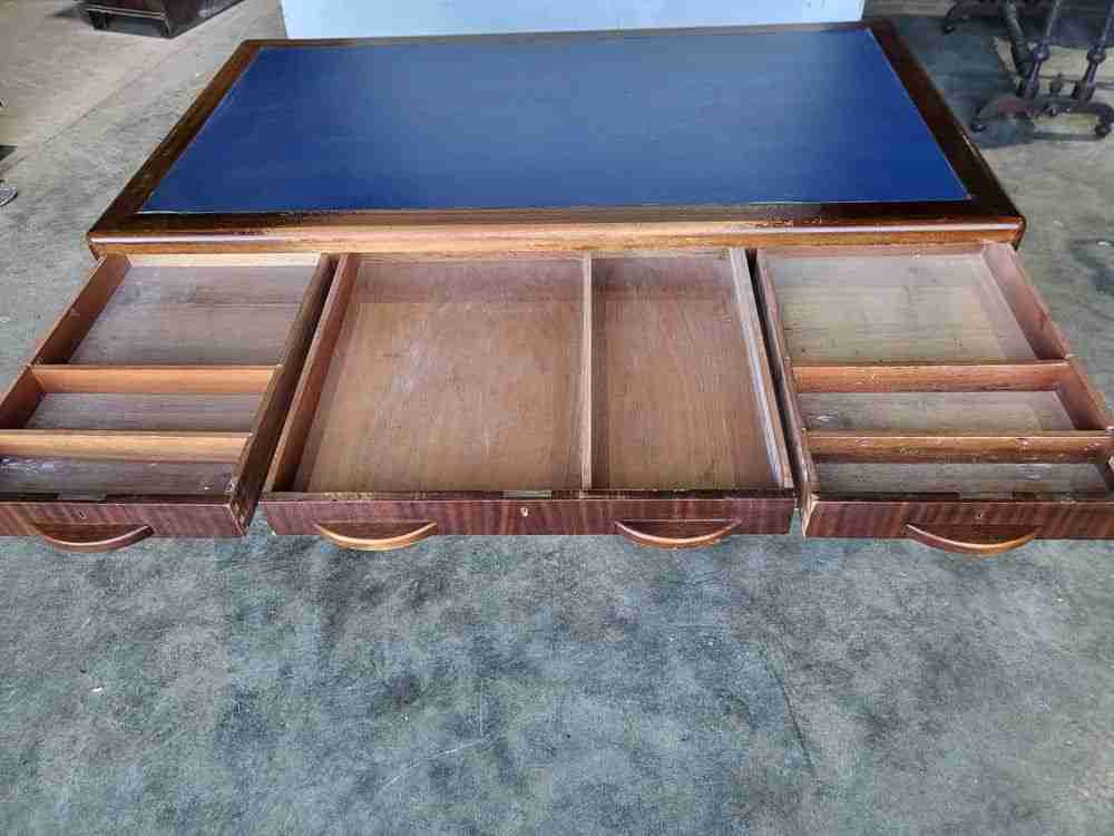 Antique Deco large twin pedestal desk 8 drawers  blue top