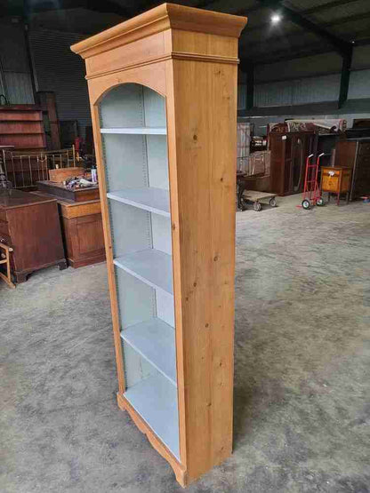20thC pine tall slim open bookcase painted interior shelves
