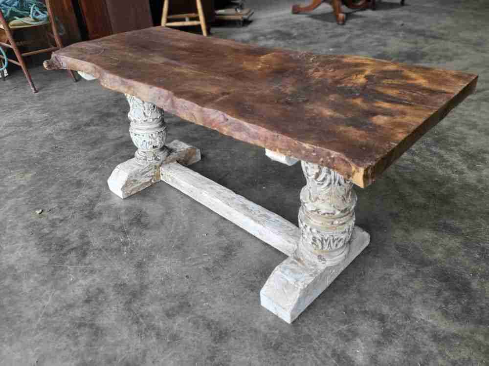 Antique repro natural elm bench carved painted legs seat