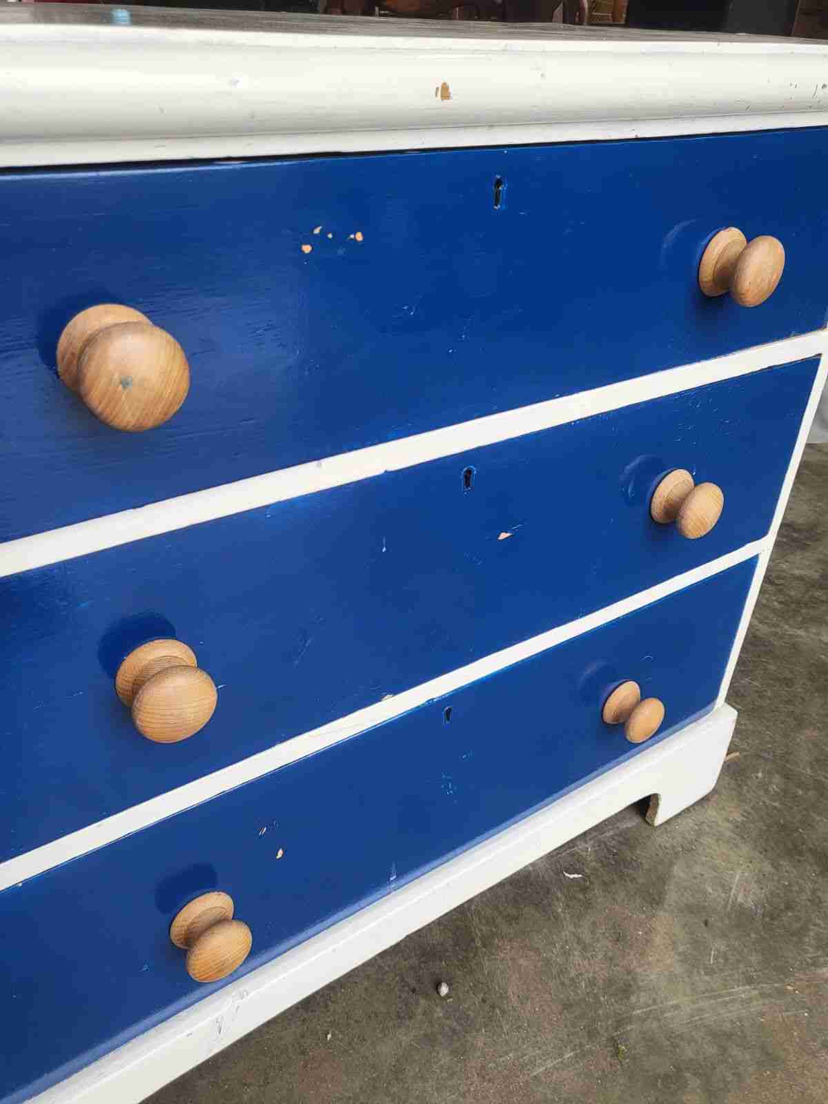 Vintage 20thC small low painted chest of drawers white blue 3 drawers