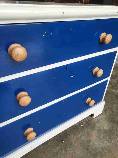 Vintage 20thC small low painted chest of drawers white blue 3 drawers