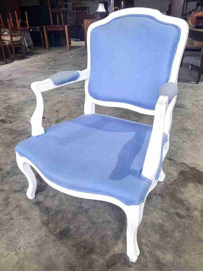 Antique repro French painted arm chair cabriole legs blue fabric  footstool