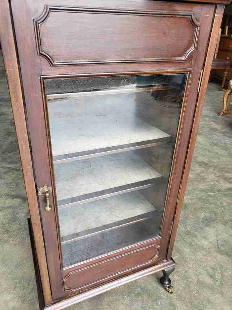 Antique Edwardian glazed music cabinet bookcase cabriole legs castors shelves