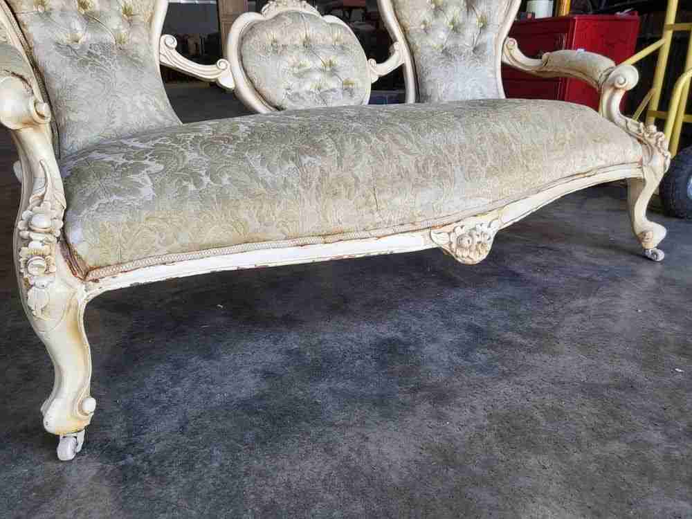 Antique French Louis cream wood frame sofa love seat cabriole legs