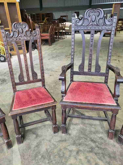 Antique carved oak high back dining chairs 18thC style