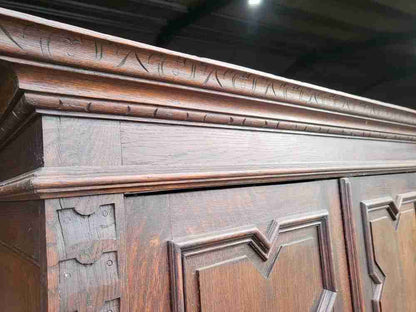 Antique dark oak panelled carved 2 x door wardrobe