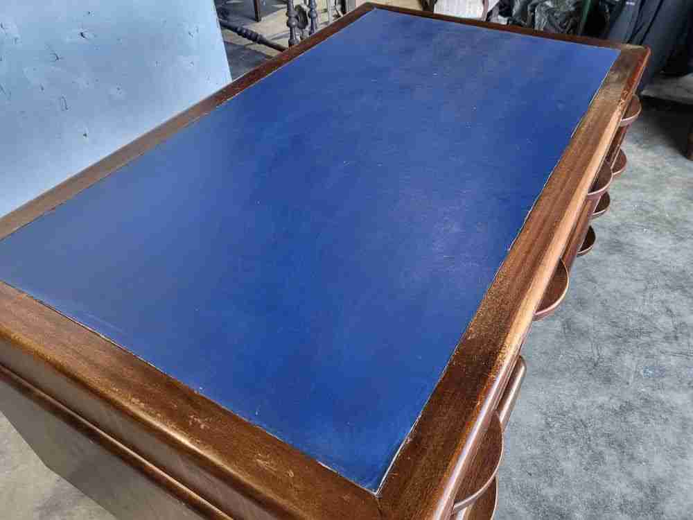 Antique Deco large twin pedestal desk 8 drawers  blue top