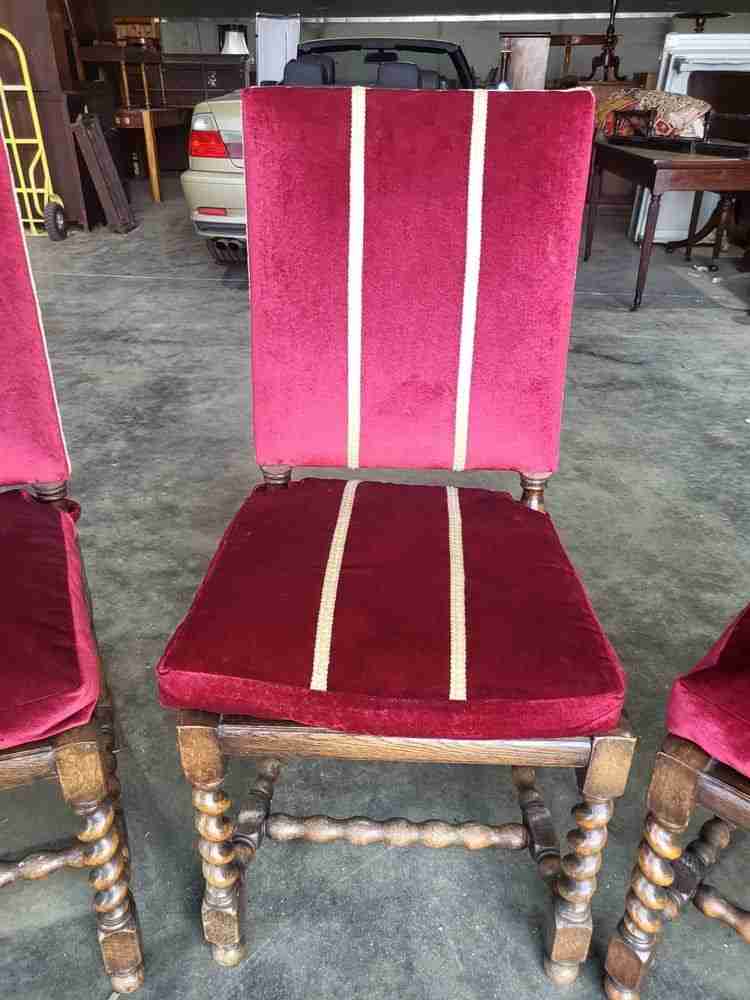 4 vintage 20thC oak barley twist bergere dining chairs padded