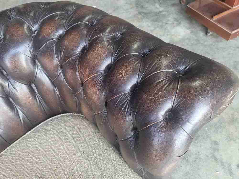 Antique repro button back 3 seat brown leather Chesterfield  sofa