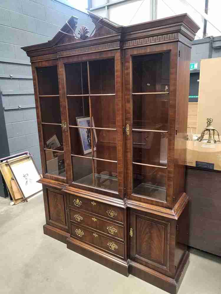 Large antique repro glazed bookcase cabinet cupboard drawers