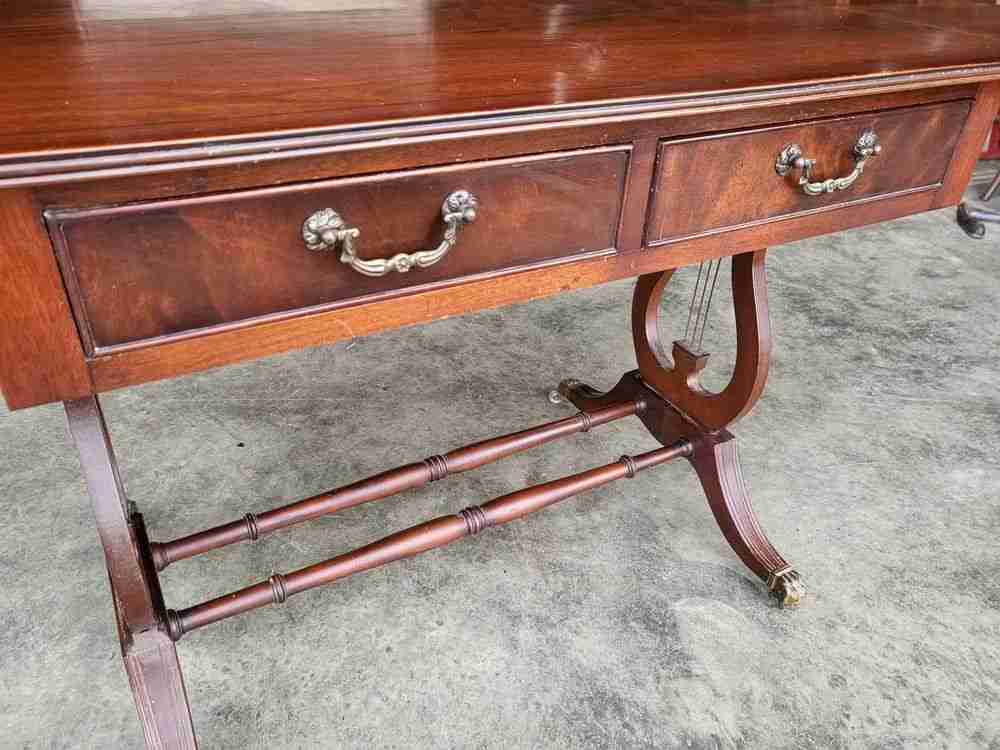 Antique repro extending Lyre sofa coffee work table drawers