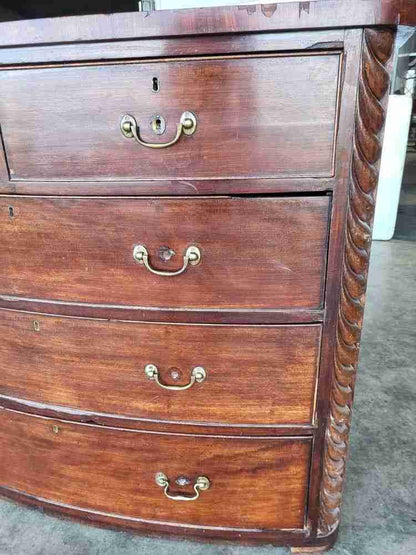 Antique Victorian bow front 2 over 3 chest of drawers rope columns