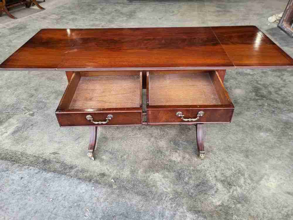 Antique repro extending Lyre sofa coffee work table drawers