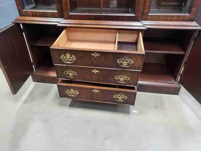 Large antique repro glazed bookcase cabinet cupboard drawers