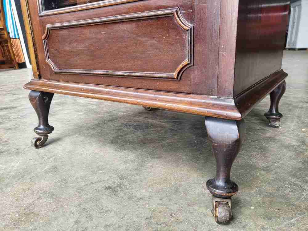 Antique Edwardian glazed music cabinet bookcase cabriole legs castors shelves
