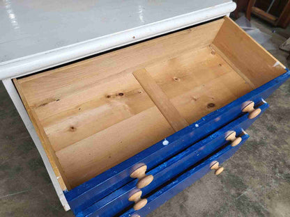 Vintage 20thC small low painted chest of drawers white blue 3 drawers