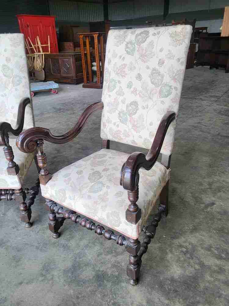 Pair two antique large upholstered open armchairs scrolled arms sprung