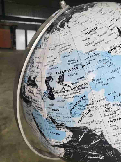 20thC World globe map chrome tall tripod stand floor standing