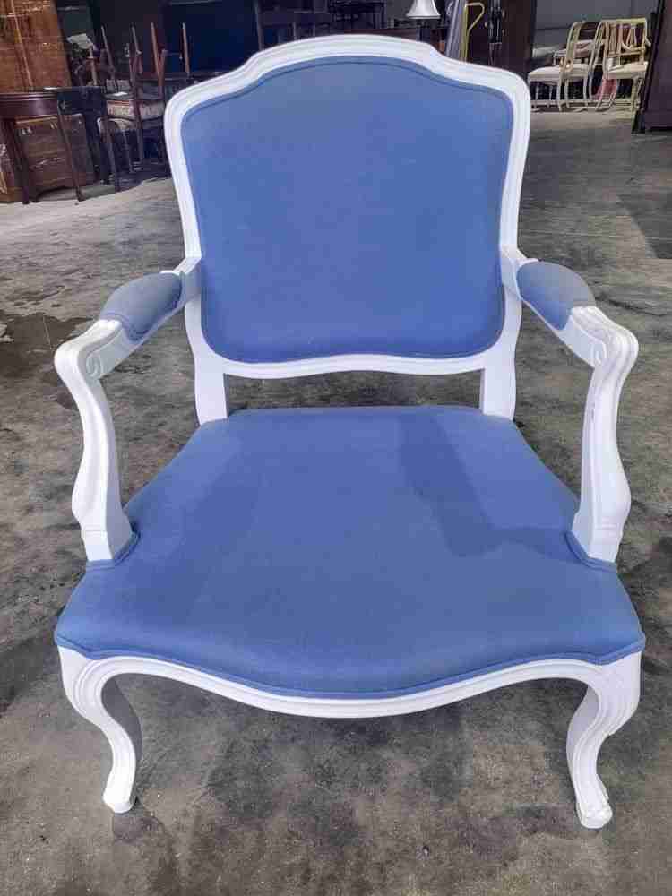 Antique repro French painted arm chair cabriole legs blue fabric  footstool