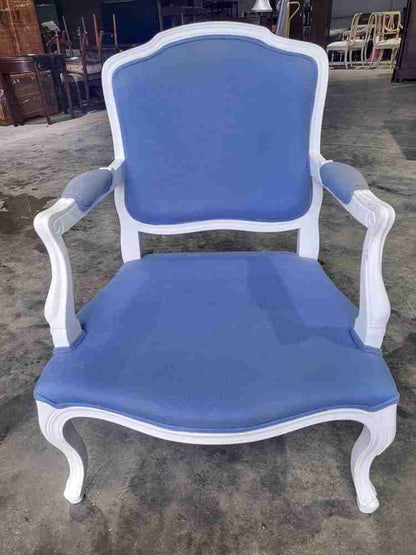 Antique repro French painted arm chair cabriole legs blue fabric  footstool