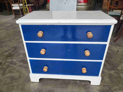 Vintage 20thC small low painted chest of drawers white blue 3 drawers