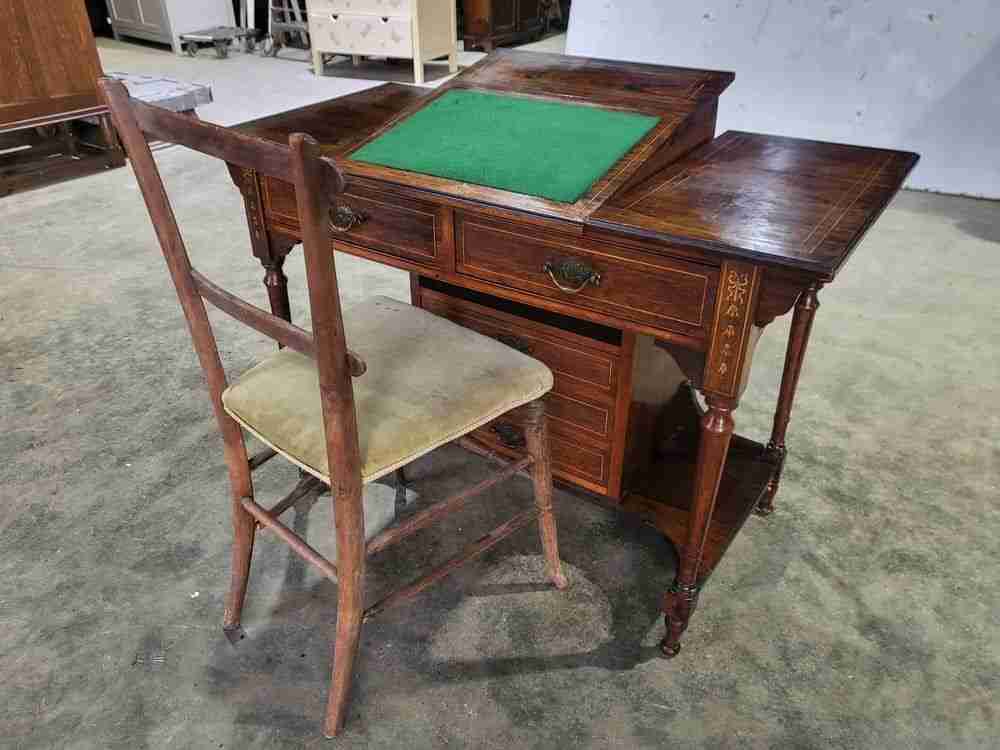 Antique Edwardian inlaid rosewood small writing desk table drawers
