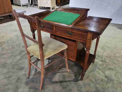 Antique Edwardian inlaid rosewood small writing desk table drawers