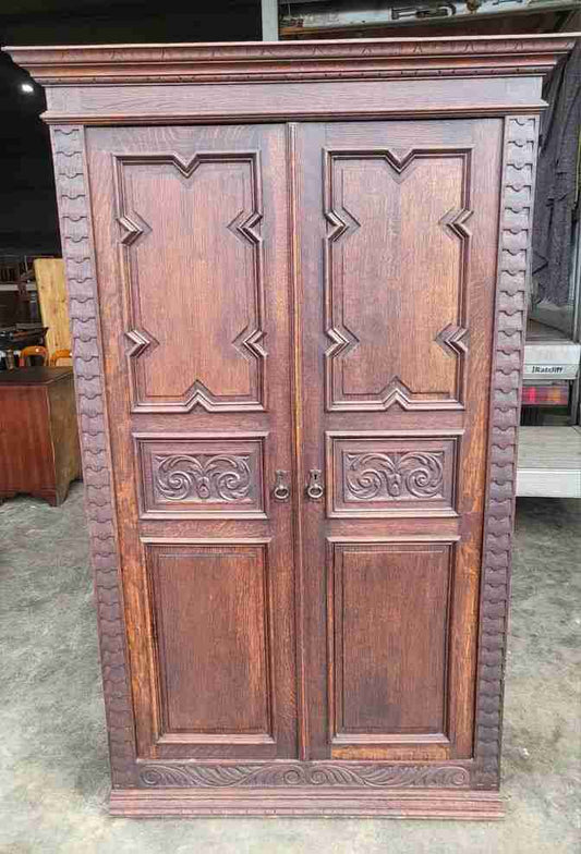 Antique dark oak panelled carved 2 x door wardrobe