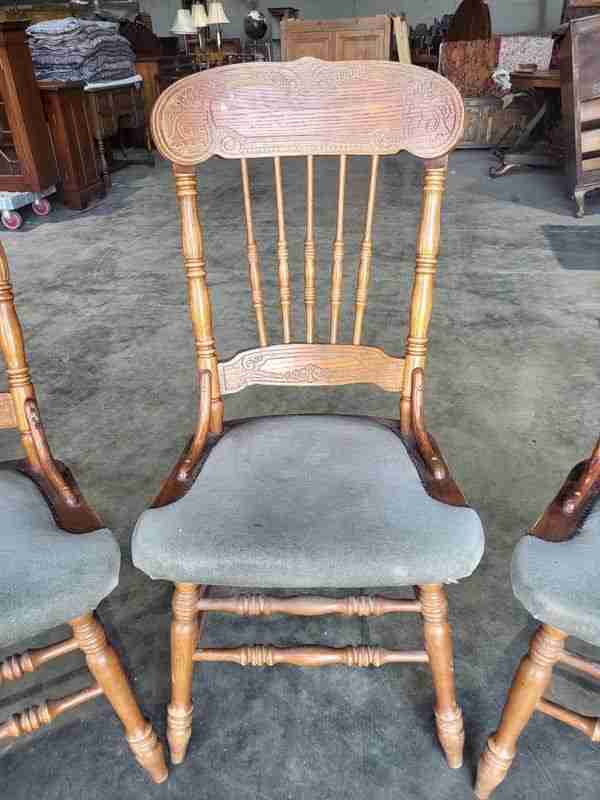20thC 4 continental high back carved kitchen country dining chairs fabric seats