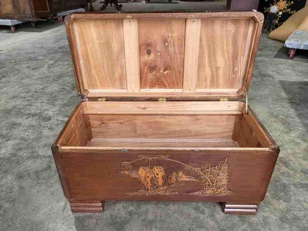 Vintage 20thC Chinese carved camphor wood  trunk chest storage box coffer