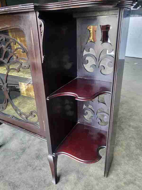 Antique serpentine glazed chiffonier sideboard cabinet velvet shelves
