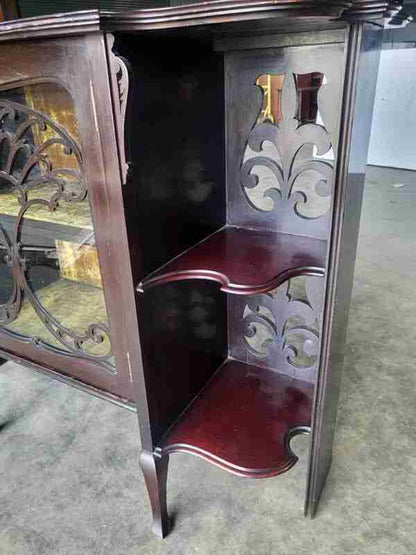 Antique serpentine glazed chiffonier sideboard cabinet velvet shelves
