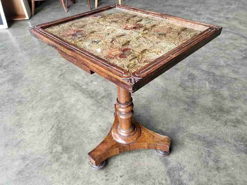 Antique Victorian embroidered tripod side end lamp table pedestal table