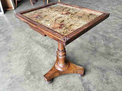 Antique Victorian embroidered tripod side end lamp table pedestal table