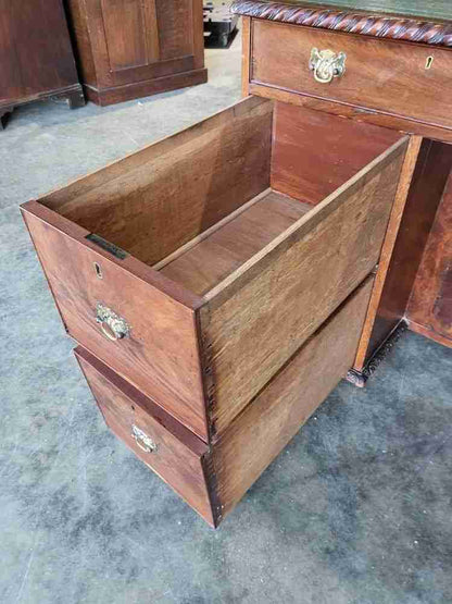 Antique Victorian knee hole writing desk claw feet leather top cupboard