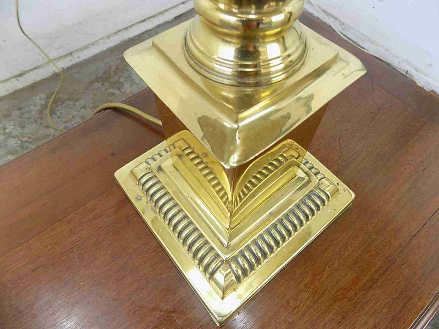 Large brass table lamp with black shade