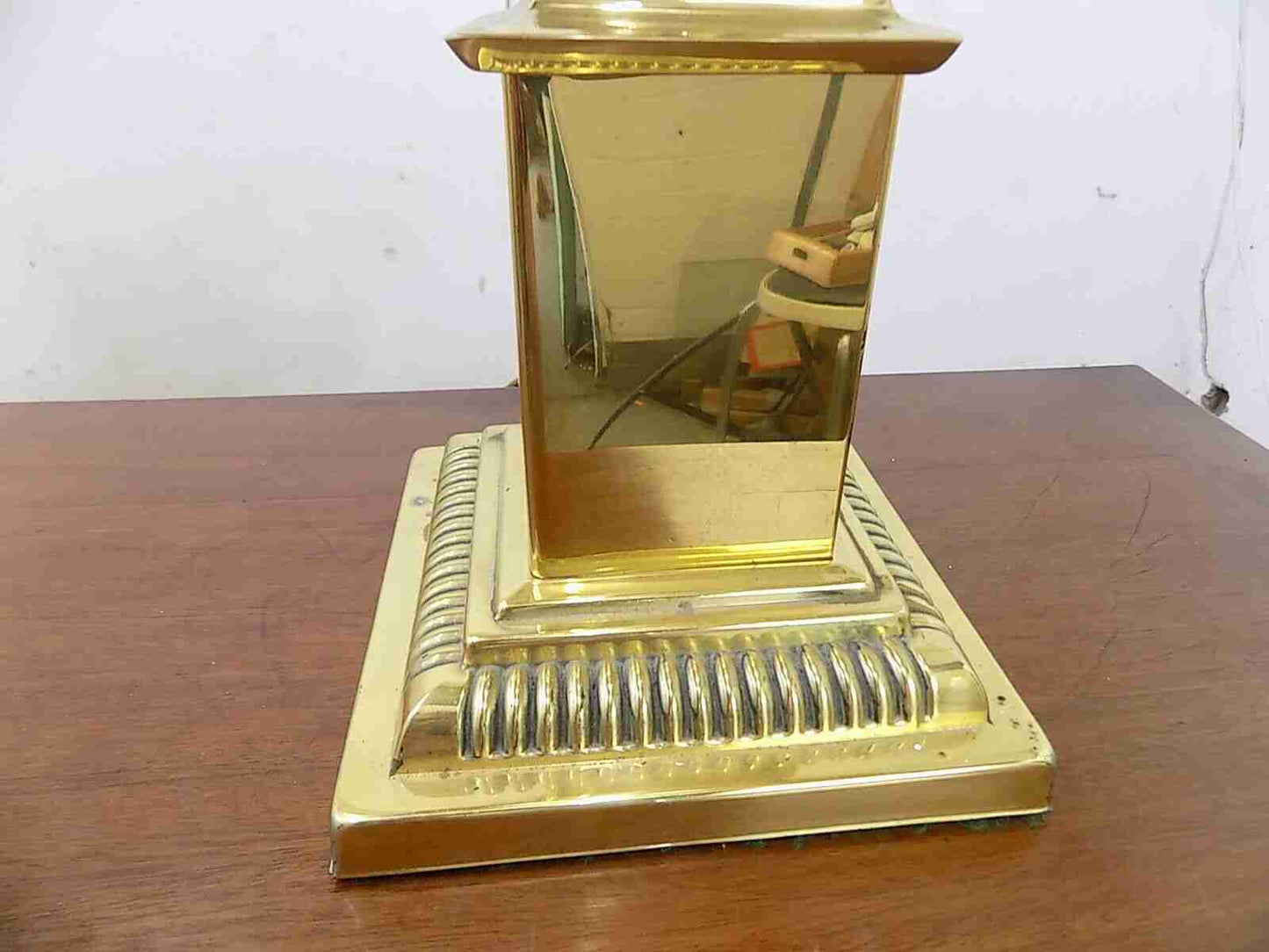 Large brass table lamp with black shade